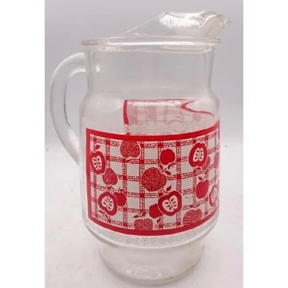 Vintage Anchor Hocking Red Apple Glass Pitcher MCM Retro Gingham‎ Juice Jar 2 Qt